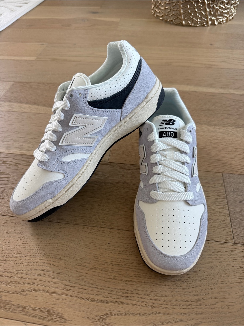 New Balance Men’s 480 Sneakers in White, Light Gray and Navy